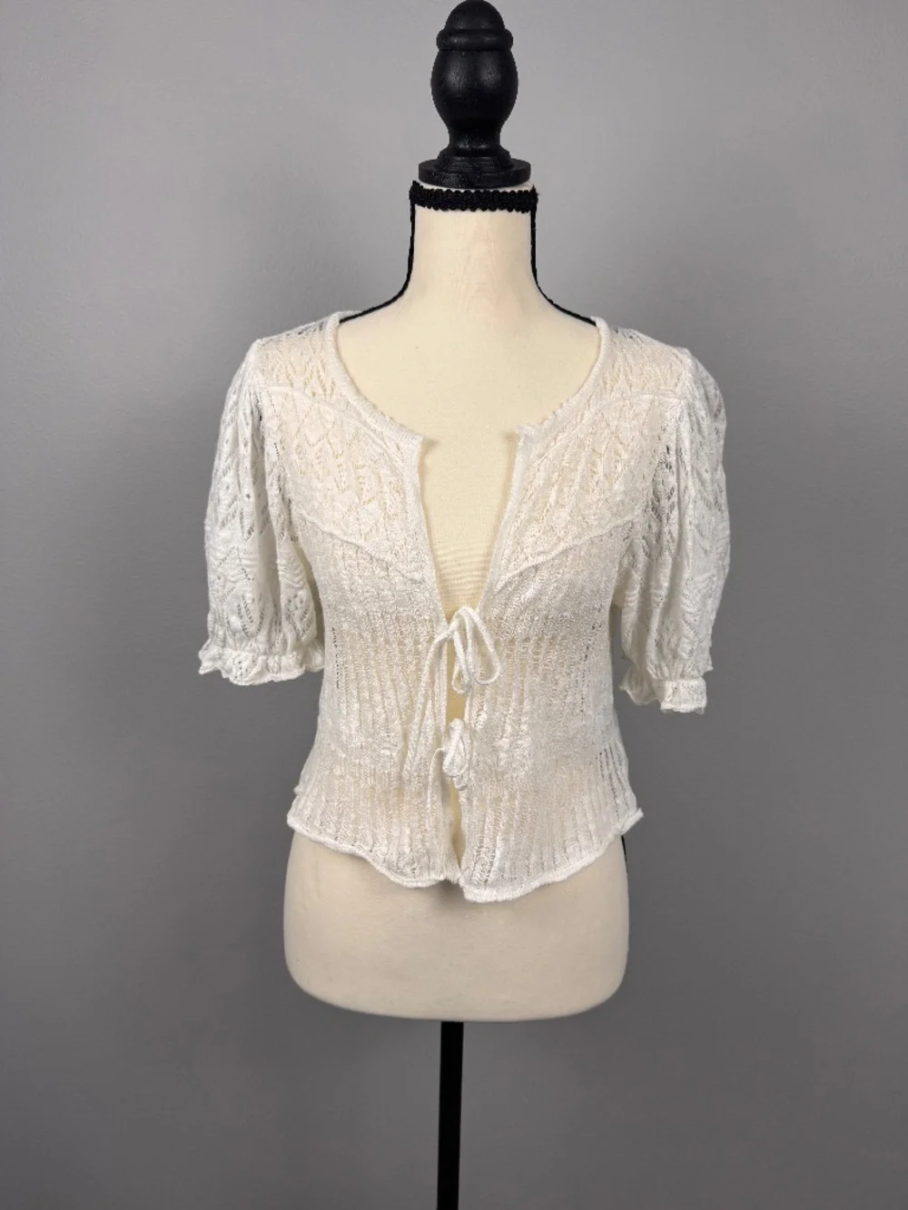 Free People Cream Lace Tie-Front Cardigan Puff Sleeve Boho Cottagecore Top M